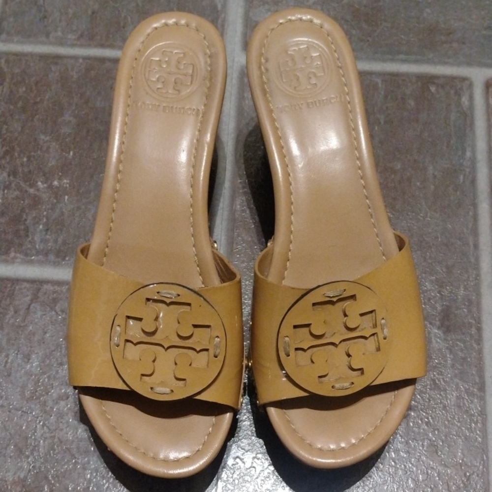 Tory Burch Classic Tan Brown Nude Platform Slide Wood Clog Sandals Size 6